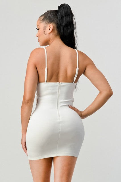 Lux Rhinestone Fringe Side Cutouts Dress in white