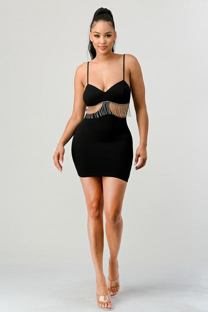 Lux Rhinestone Fringe Side Cutouts Dress in black