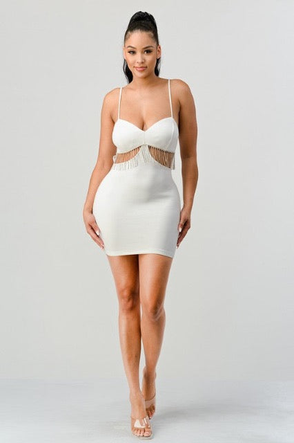Lux Rhinestone Fringe Side Cutouts Dress in white