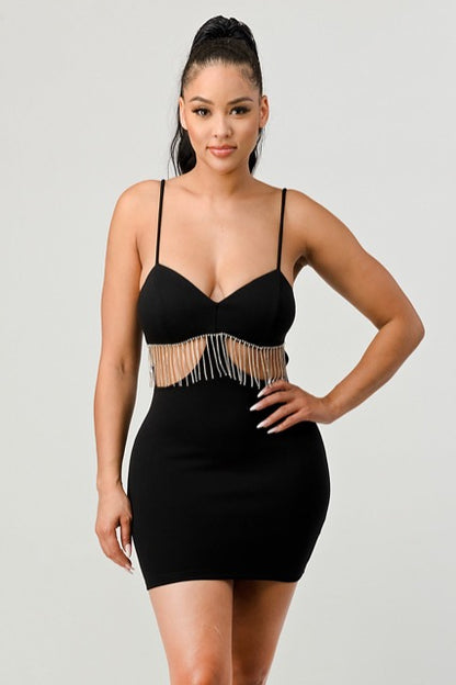 Lux Rhinestone Fringe Side Cutouts Dress in black