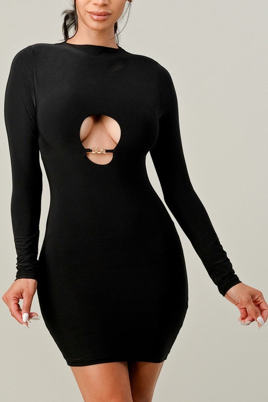 Mock Neck Chest Cutout Dress in black color