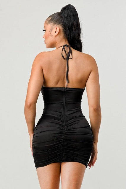 Lux Gold Chain Halter Straps Sweetheart Dress - Black - Back View