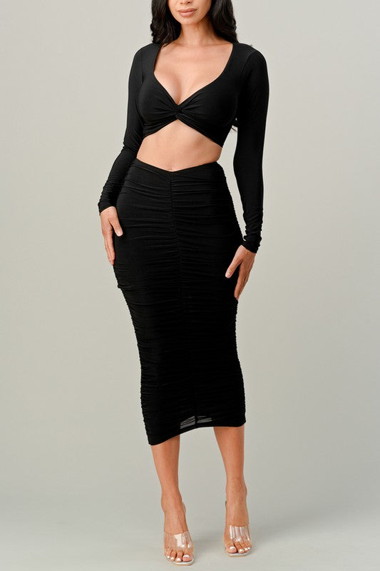Twist Knot Top With Midi Skirt Set in black