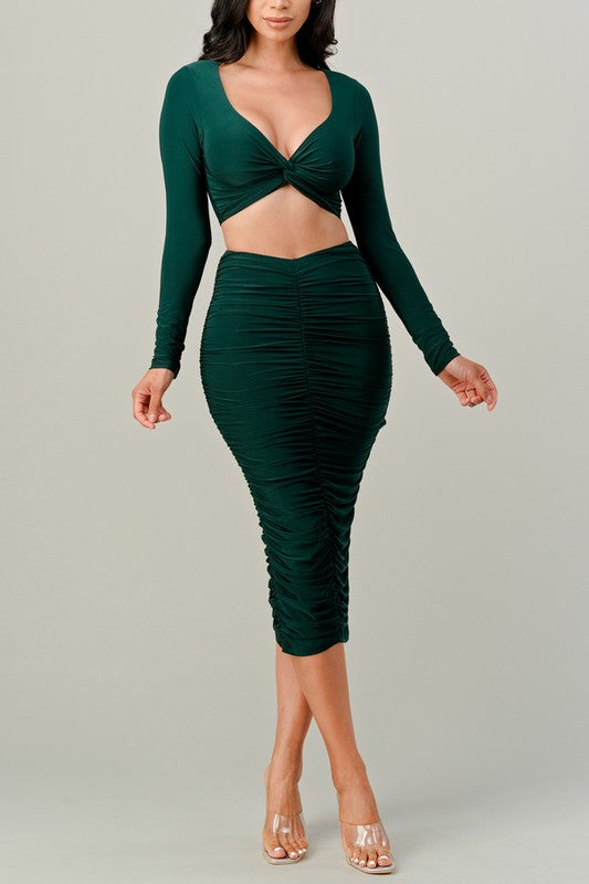 Twist Knot Top With Midi Skirt Set in hunter green 