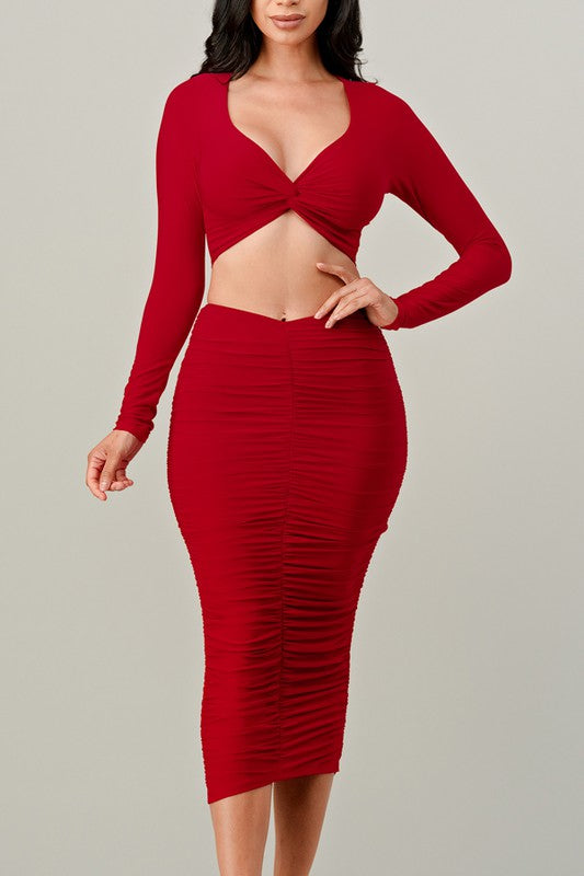 Twist Knot Top With Midi Skirt Set in red