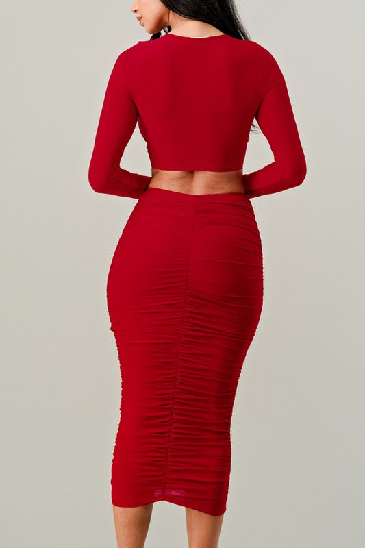 back of Twist Knot Top With Midi Skirt Set in red