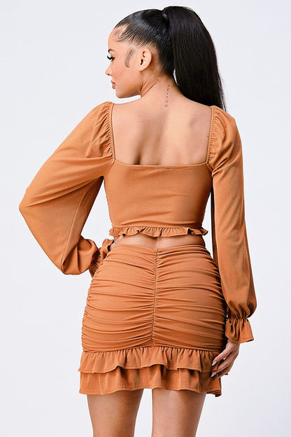 Back of Smocked Ruffled Sweater Set in Cinnamon Color