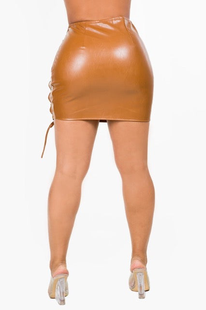 Faux Leather Lace Up Mini Skirt - Camel - Back View