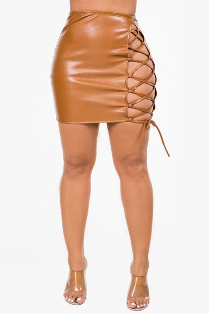 Faux Leather Lace Up Mini Skirt - Camel