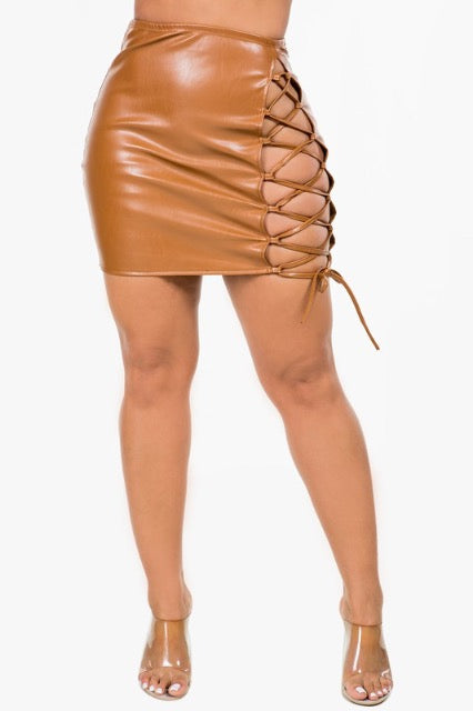 Faux Leather Lace Up Mini Skirt - Camel