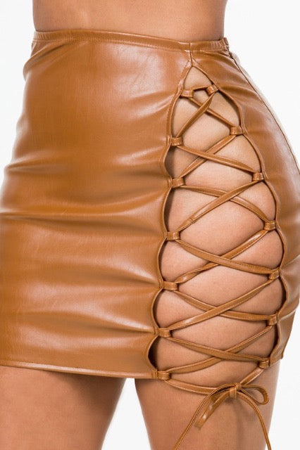 Faux Leather Lace Up Mini Skirt - Camel