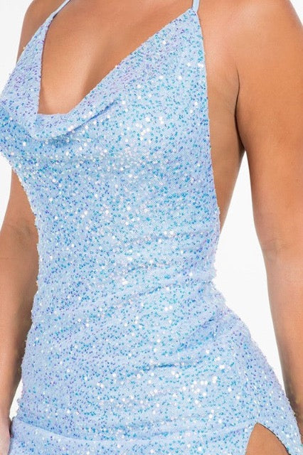 Sequined Cowl Neck Mini Dress - Blue - Close Up