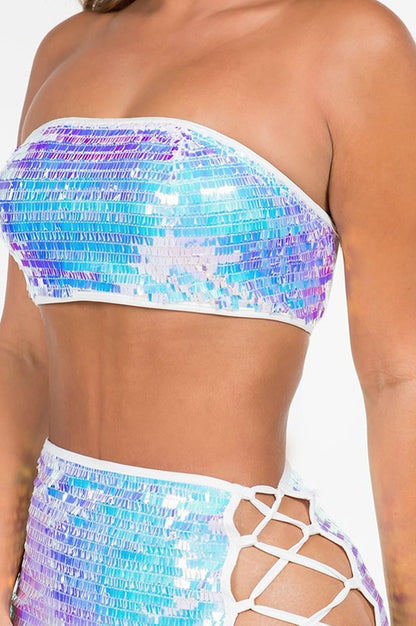 Close up of Sequined Two Piece Skirt Set in iridescent ivory color