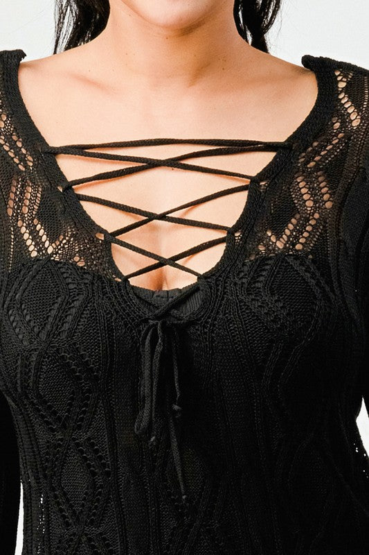 Close up of Crochet Dream Mini Dress in Black
