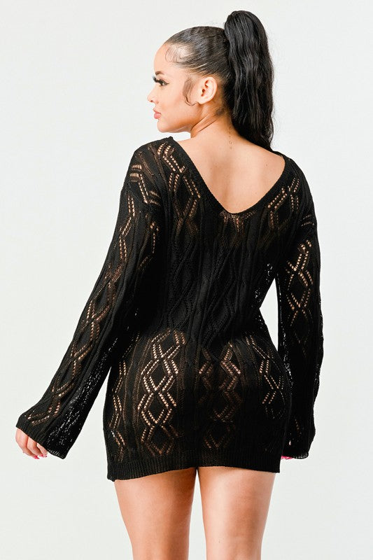 Back of Crochet Dream Mini Dress in Black