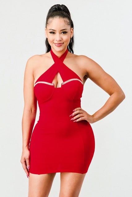Lux Halter Rhinestones Sweetheart Bodycon Dress in Red