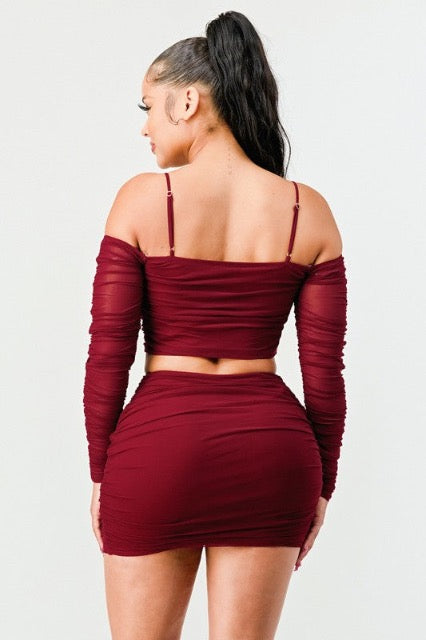 back of Sexy Mesh Sweetheart Off Shoulder Top & Skirt Set In Burgundy