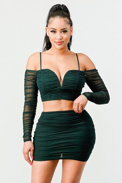 Sexy Mesh Sweetheart Off Shoulder Top & Skirt Set in hunter green color