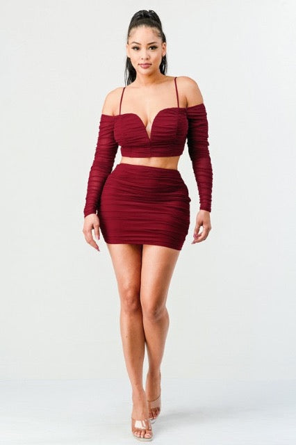 Sexy Mesh Sweetheart Off Shoulder Top & Skirt Set In Burgundy