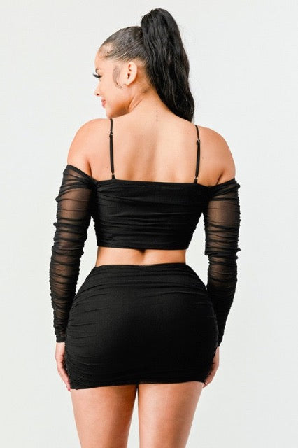 back of Sexy Mesh Sweetheart Off Shoulder Top & Skirt Set In Black