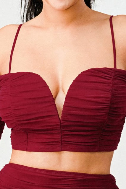 close up of Sexy Mesh Sweetheart Off Shoulder Top & Skirt Set In Burgundy