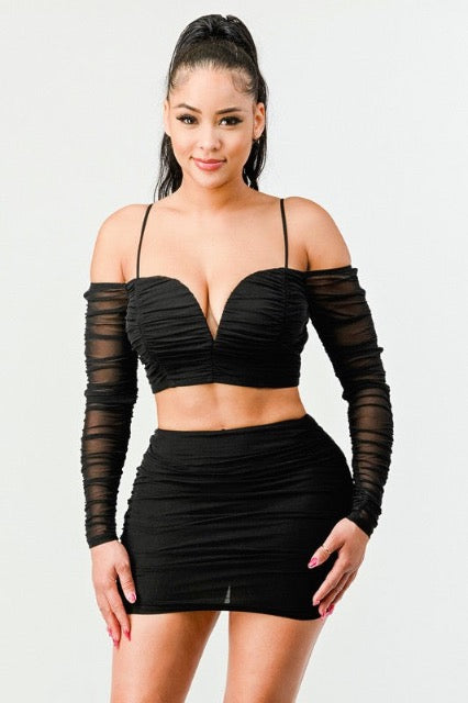 Sexy Mesh Sweetheart Off Shoulder Top & Skirt Set In Black