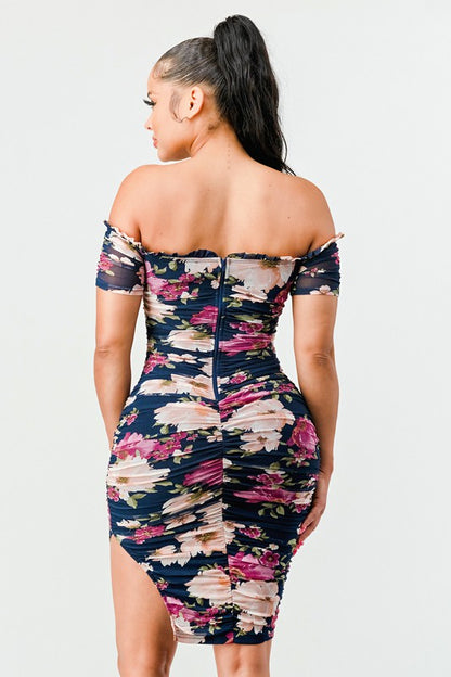 Ruffled Romance Floral Off Shoulder Mesh Dress - Back View