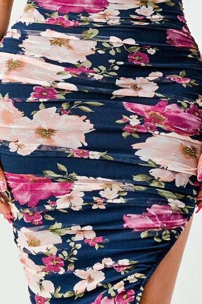 Ruffled Romance Floral Off Shoulder Mesh Dress - Close Up