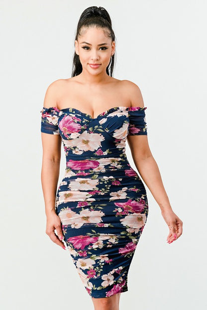 Ruffled Romance Floral Off Shoulder Mesh Dress