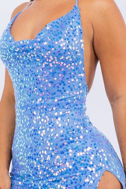 Hologram Sequins Halter Cowl Neck Mesh Dress - Blue - Close Up