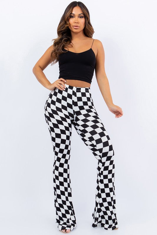 Check Me Wavy Checker Flared Pants - Black/White