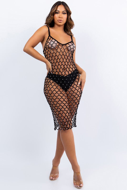 Surreal Studded Crotchet Fishnet Dress - Black