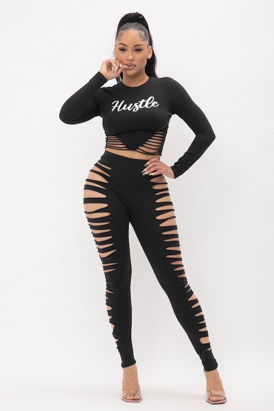 Hustle Screen Side Laser Cut Top And Leggings Set - Black