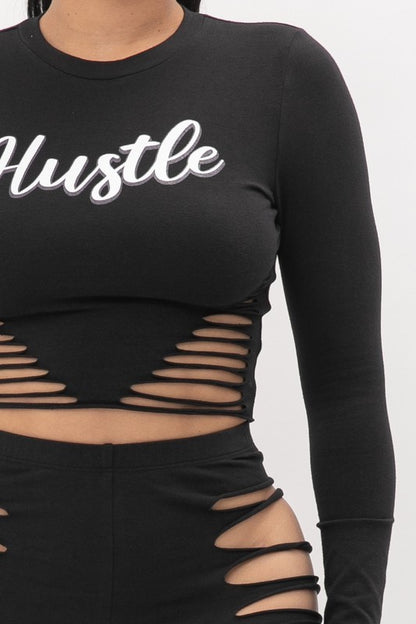 Hustle Screen Side Laser Cut Top And Leggings Set - Black - Close Up