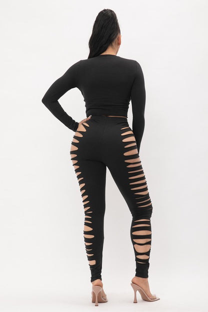 Hustle Screen Side Laser Cut Top And Leggings Set - Black - Back View
