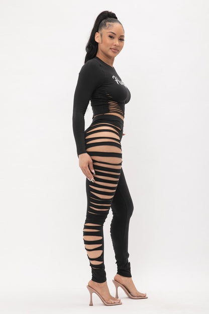 Hustle Screen Side Laser Cut Top And Leggings Set - Black