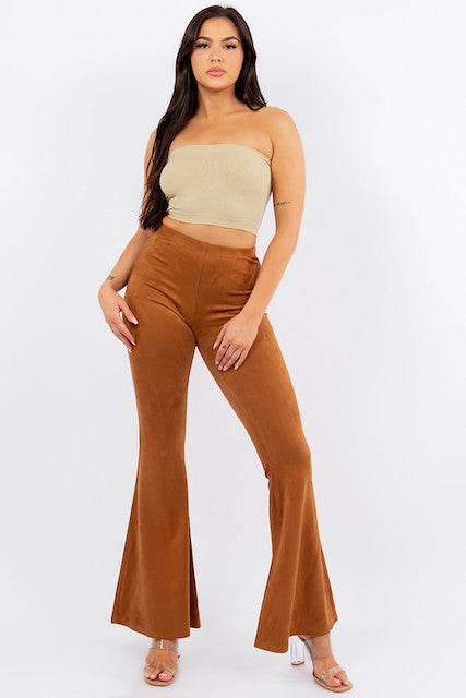 Suede Flared Long Pants - Camel