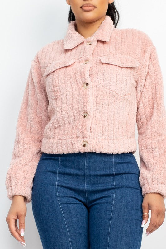 Collared Fuzzy Button-Down Jacket - Pink