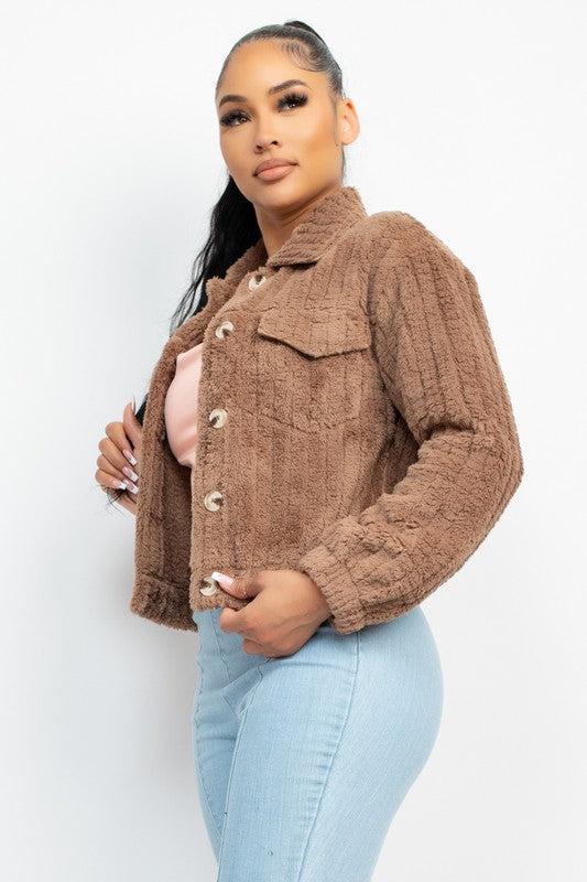 Collared Fuzzy Button-Down Jacket - Brown