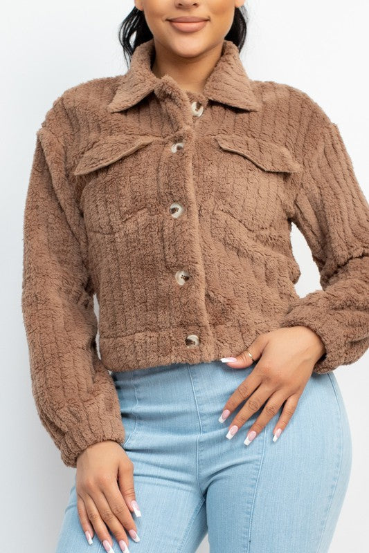 Collared Fuzzy Button-Down Jacket - Brown