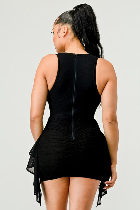 Risque Mesh Luxe Deep V-Neck Ruffle Mini Dress - Black - Back View