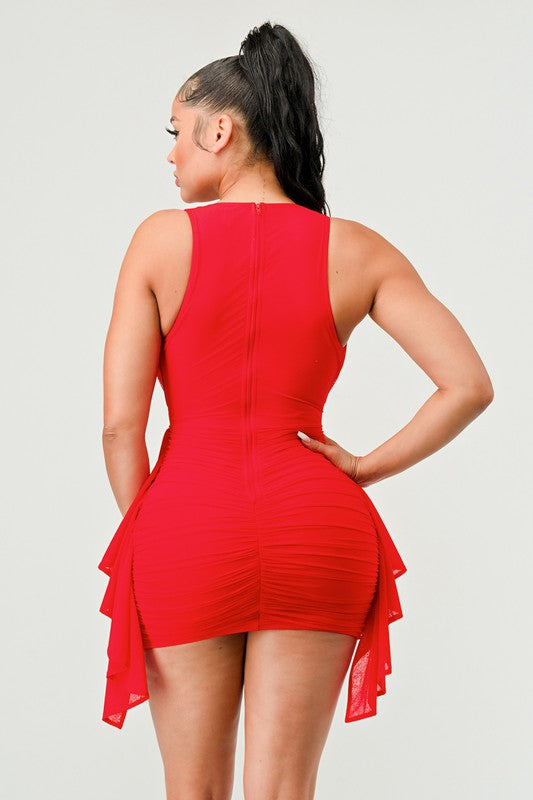 Risque Mesh Luxe Deep V-Neck Ruffle Mini Dress - Red - Back View