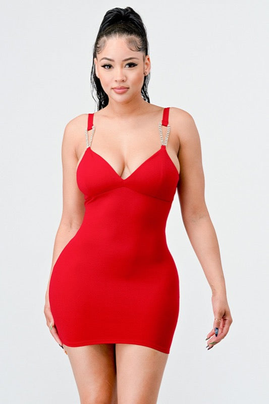 Lux Rhinestone Straps Sweetheart Mini Dress in red color