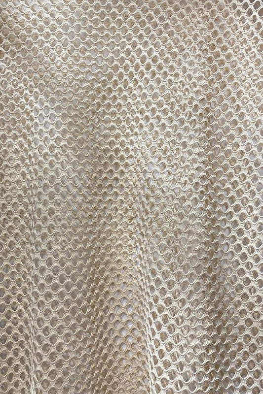 Close up of Fishnet Frenzy Cut-Out Mini Dress in White