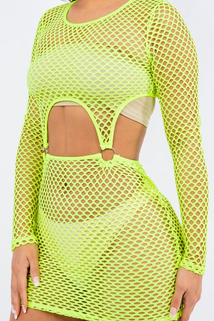 Fishnet Frenzy Cut-Out Mini Dress in Neon Yellow
