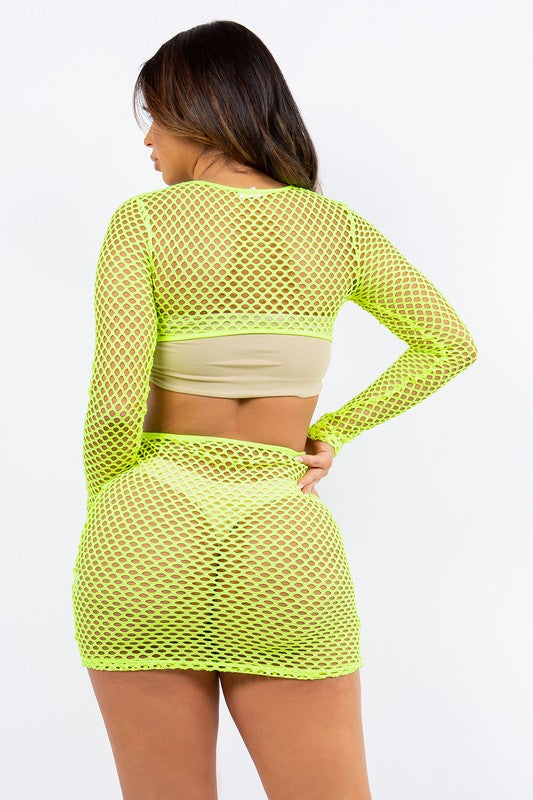 Back of Fishnet Frenzy Cut-Out Mini Dress in Neon Yellow