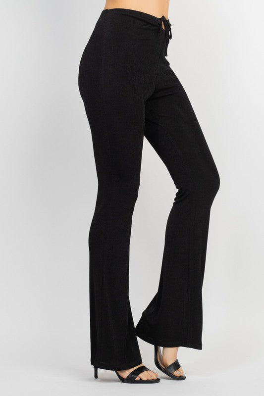 High-Rise Front Drawstring Flare Pants - Black