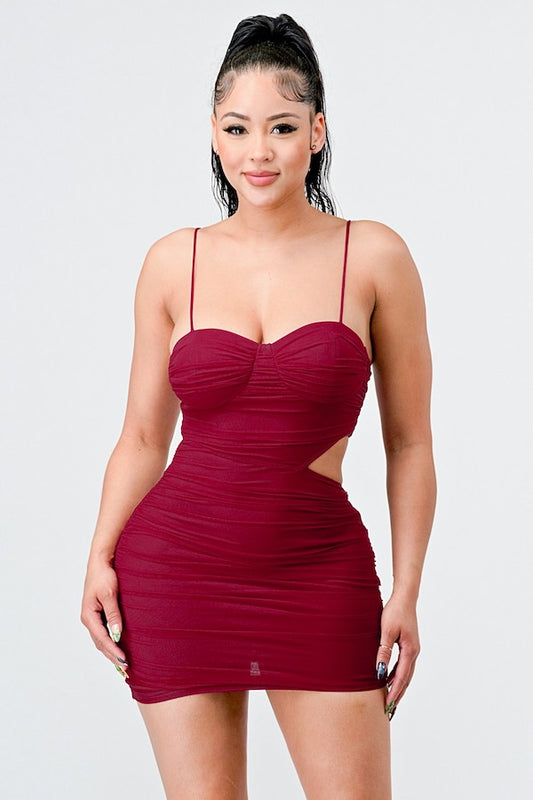 Mesmerizing Mesh Luxe Cutout Ruched Mini Dress in Burgundy Color