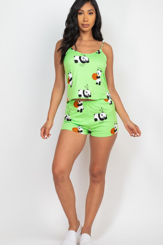 Panda Cami Top & Shorts Set - Green