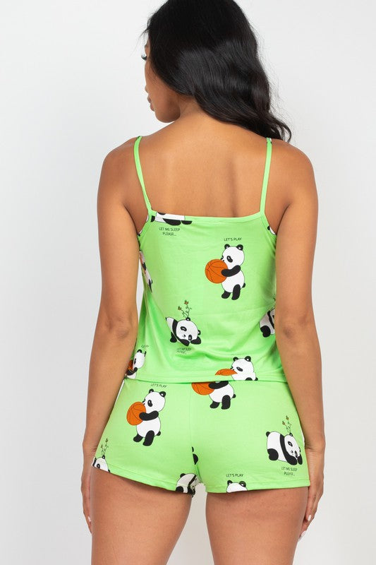 backside of Panda Cami Top & Shorts Set - Green - Back View
